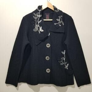 Alison Sheri Jacket Womens Medium Black Art to Wear Wool Embroidered Floral